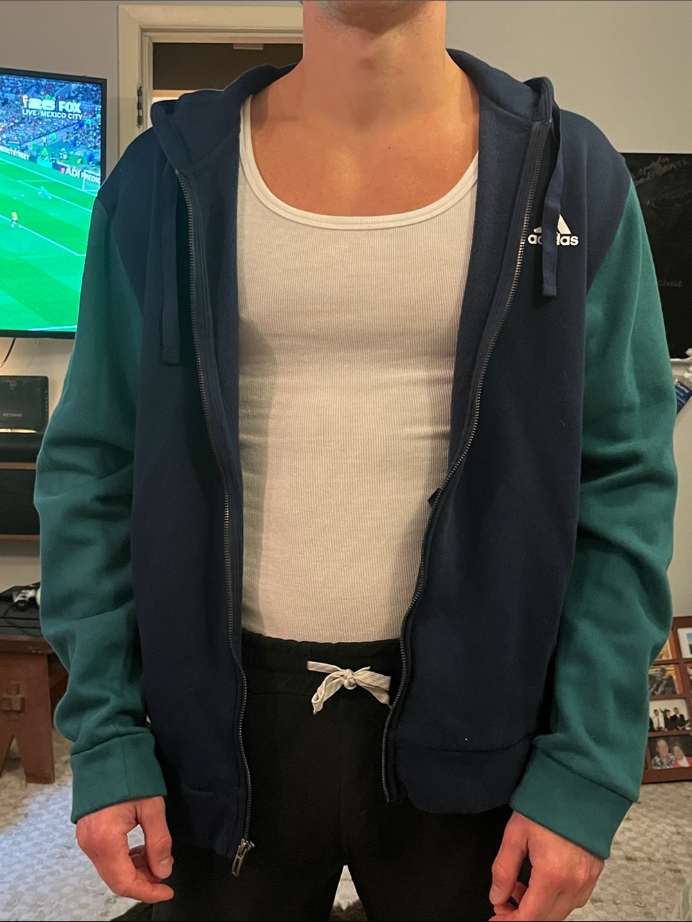 adidas Navy Body Teal Sleeve Zip Hoodie
